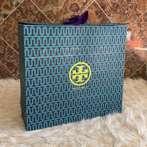 Designer Tory Burch Blue Purple and Green Paper Shopping Bag with Bow - Picture 3 of 9